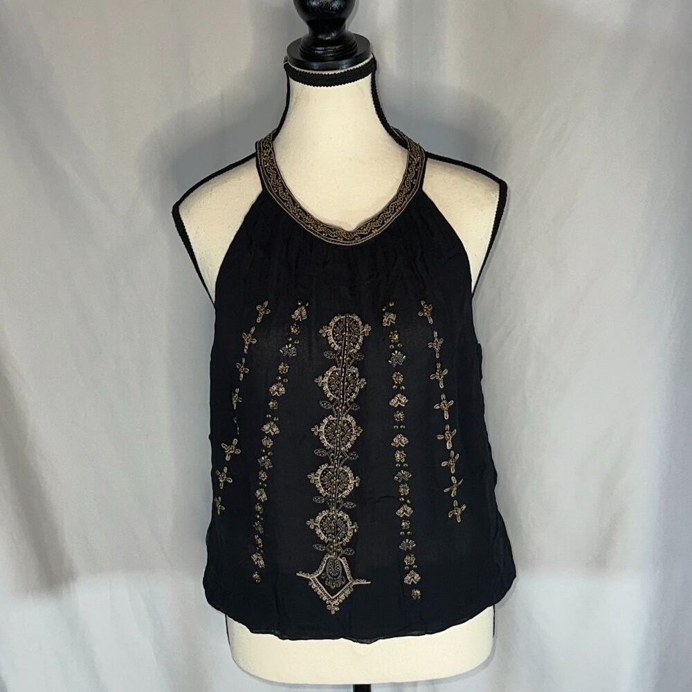 Joie - Black Gold Beaded Halter Top Blouse S Blouson Geometric Boho Festival